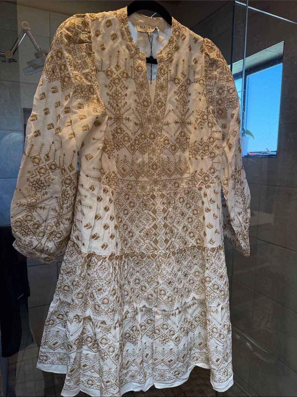 Hale Bob Cream Mini Dress with Gold Embroidery